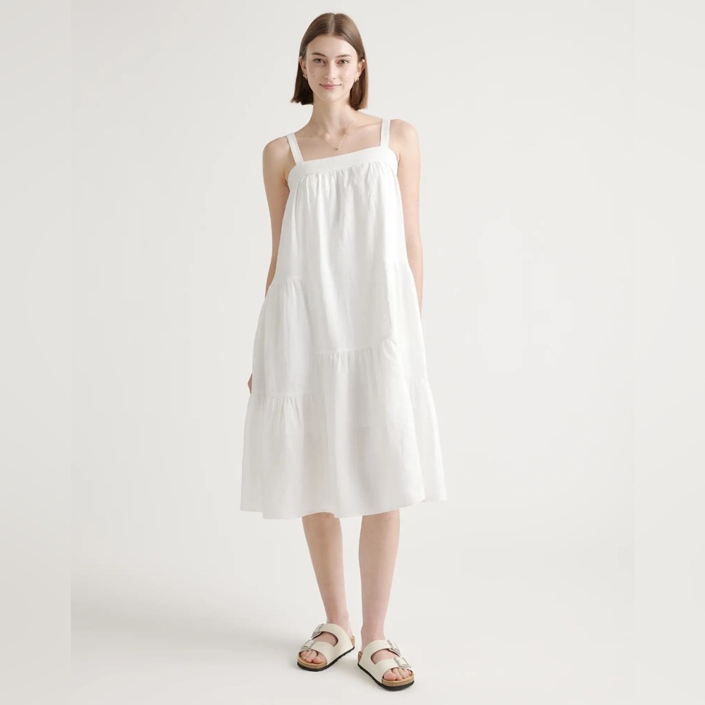 Quince 100% European Linen Tiered White Midi Dress Size Medium